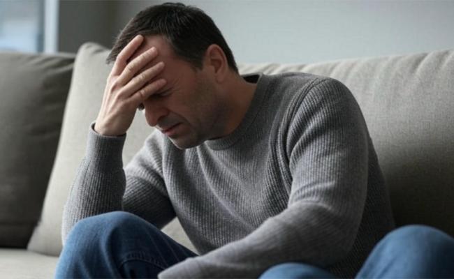 A man holding his head in his hand while sitting on a sofa.