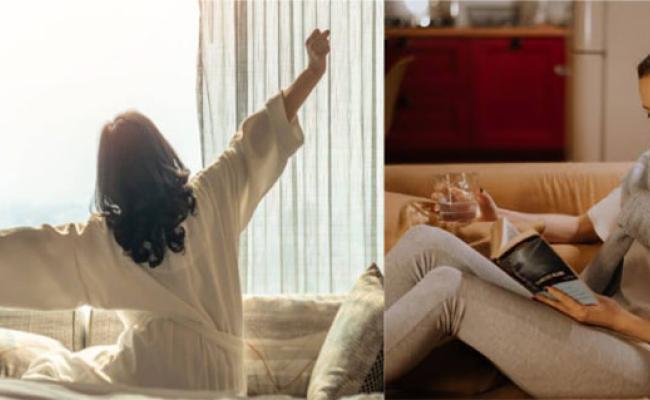 Two scenes of a woman. On the left she is waking to a new day. On the right she is leisurely reading a book.