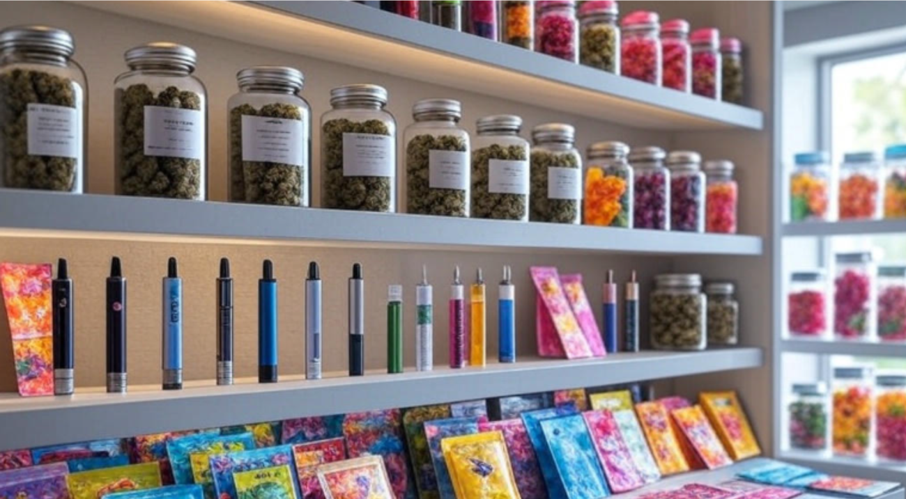 Cannabis products on display in a store.