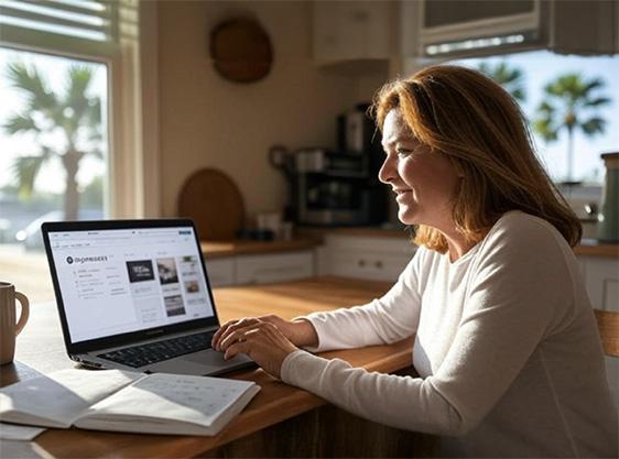 Woman working on a laptop computer in a kitchen