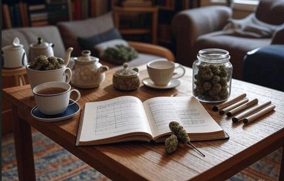 A living room table holding various forms of Medical Marijuana