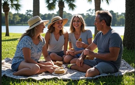 Friends enjoying a picnic lunch on a blanket