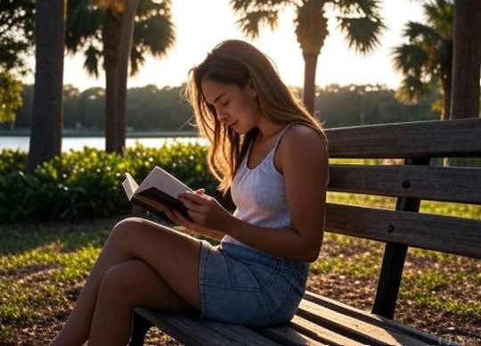 A Woman reading while sitting outside on a bench.