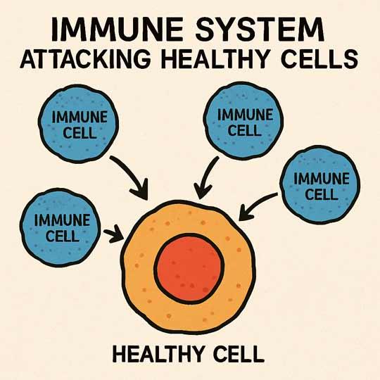 Illustration of the immune system attacking a healthy cell