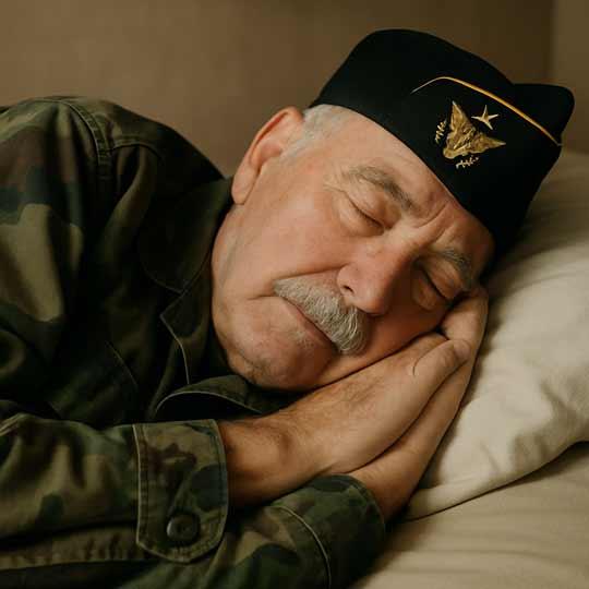 A man in uniform with his head on a pillow and apparently asleep..