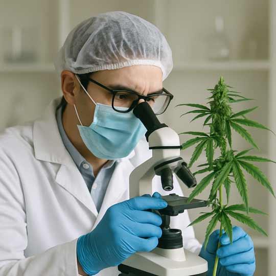 A lab worker prepare a cannabis plant under a microscope.