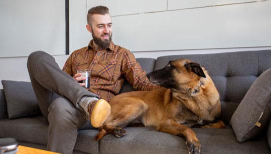 A man with his best friend, a dog, sitting together ona sofa.