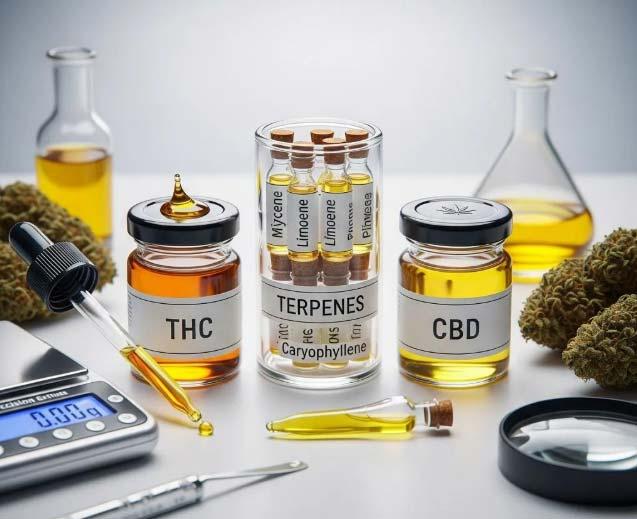 A lab display illustrating forms of THC, CBD and Terpenes