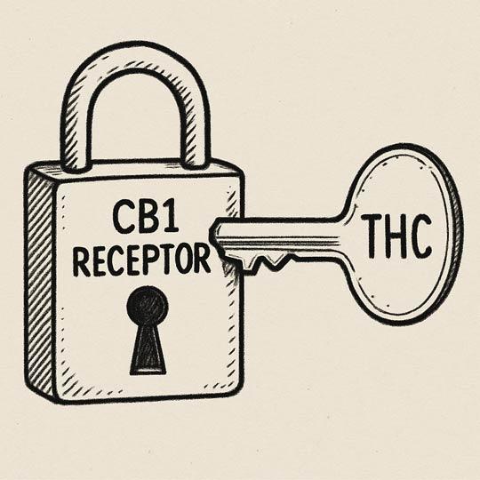 A stylezed drawing of a lock and matching key. On the lock is engraved "CB1 Receptor" while the key is labeled "THC"