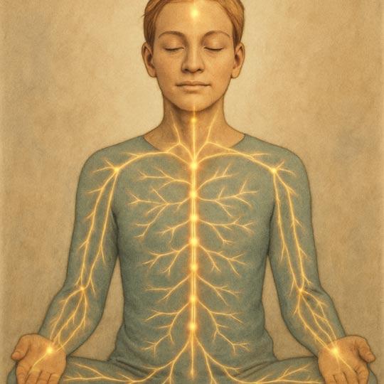 Art of a person meditating with various points in their bod "lit up"