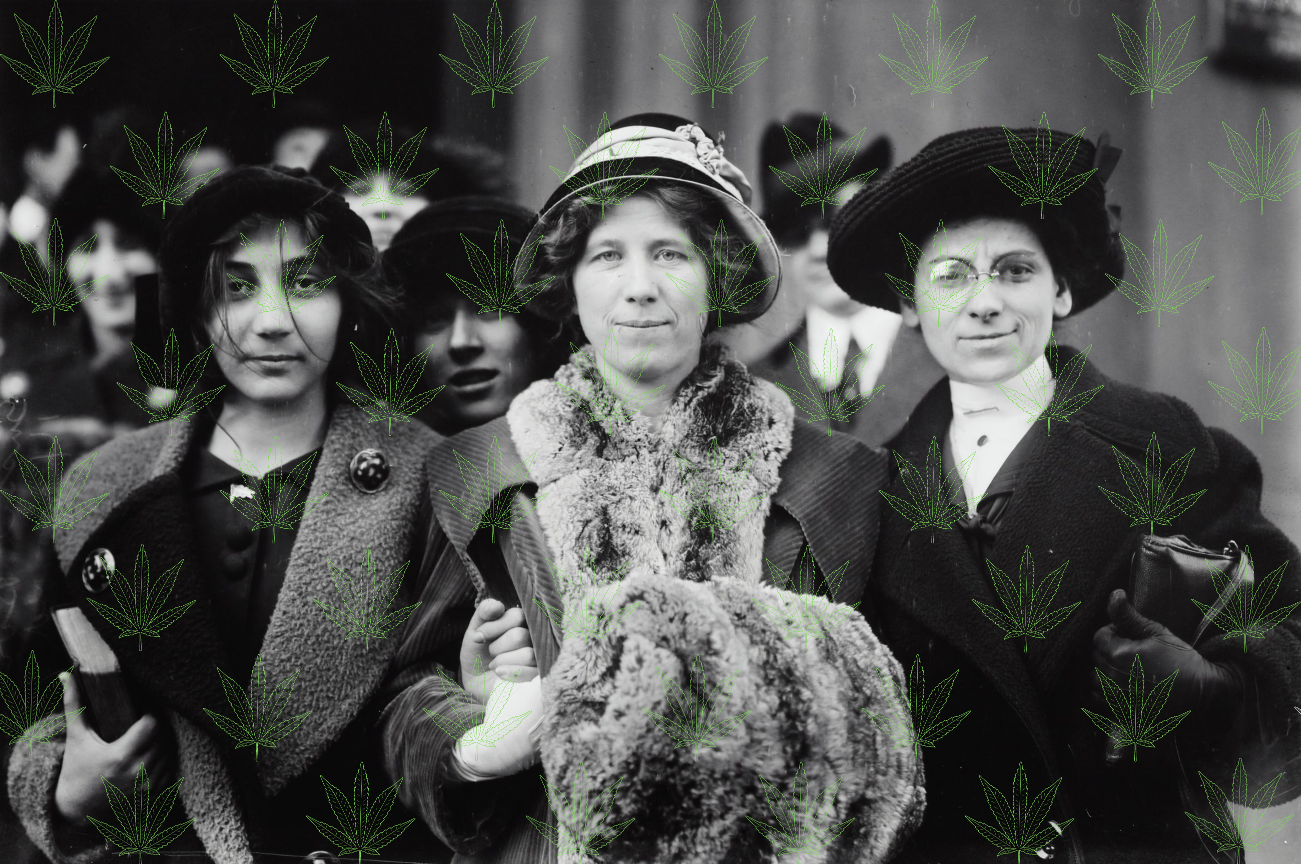 Vintage black & white photo of three white women wearing winter jackets & hats standing side by side with repeated green marijuana leaf print design overlay