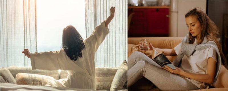 Two scenes of a woman. On the left she is waking to a new day. On the right she is leisurely reading a book.