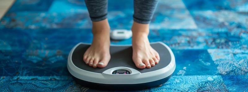 Image focused on a floor scale with somebody standing on it.